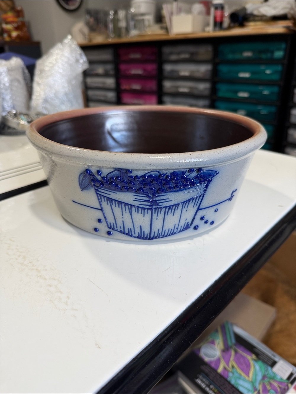Salmon Falls Stoneware 1992 Salt Glazed Stoneware Bowl with Berry Basket Pattern